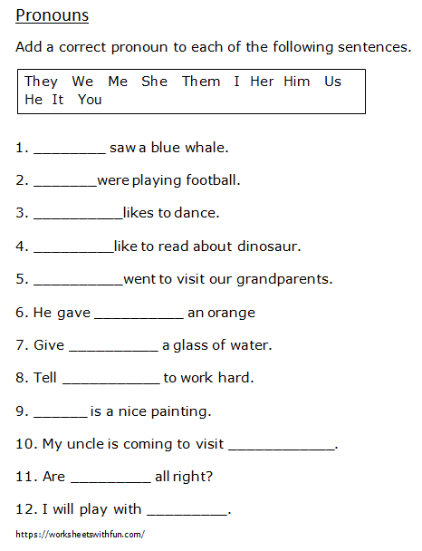 English - Class 1: Pronouns (Choose the correct pronoun ) - Worksheet 1